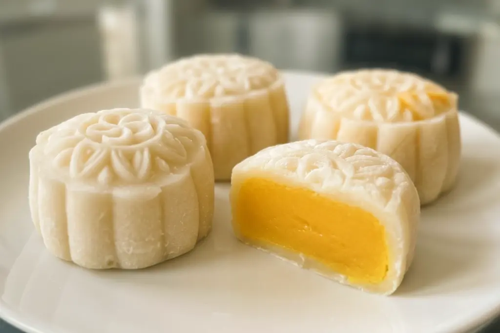 Macro front-angle shot of snow skin mooncakes with smooth lotus-style filling on white plate, premium Mid Autumn dessert Singapore