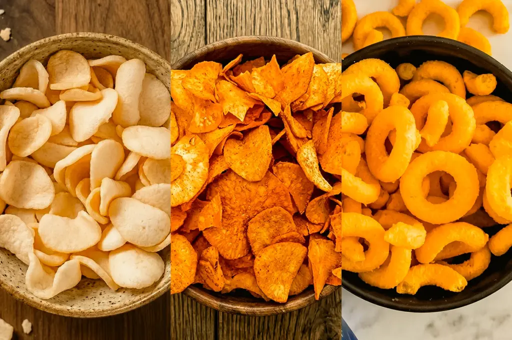 Left: Top-down close-up of a bowl of pale prawn crackers on a wooden surface; Center: Top-down close-up of a bowl of orange chili tapioca chips with visible seasoning; Right: Close-up angled view of a bowl of bright orange ring-shaped snacks on a light surface.