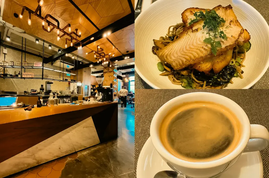Left: wide-angle eye-level shot of a modern café bar interior with a wooden counter, marble panel detail, espresso machine, glass bottles, and industrial-style pendant lighting hanging from a geometric wood-paneled ceiling; Upper Right: top-down close-up of a plated grilled fish fillet served over noodles and vegetables in a white bowl, garnished with herbs and sauce; Lower Right: close-up eye-level shot of a cup of espresso with a smooth crema surface in a white ceramic cup and saucer on a textured table setting.