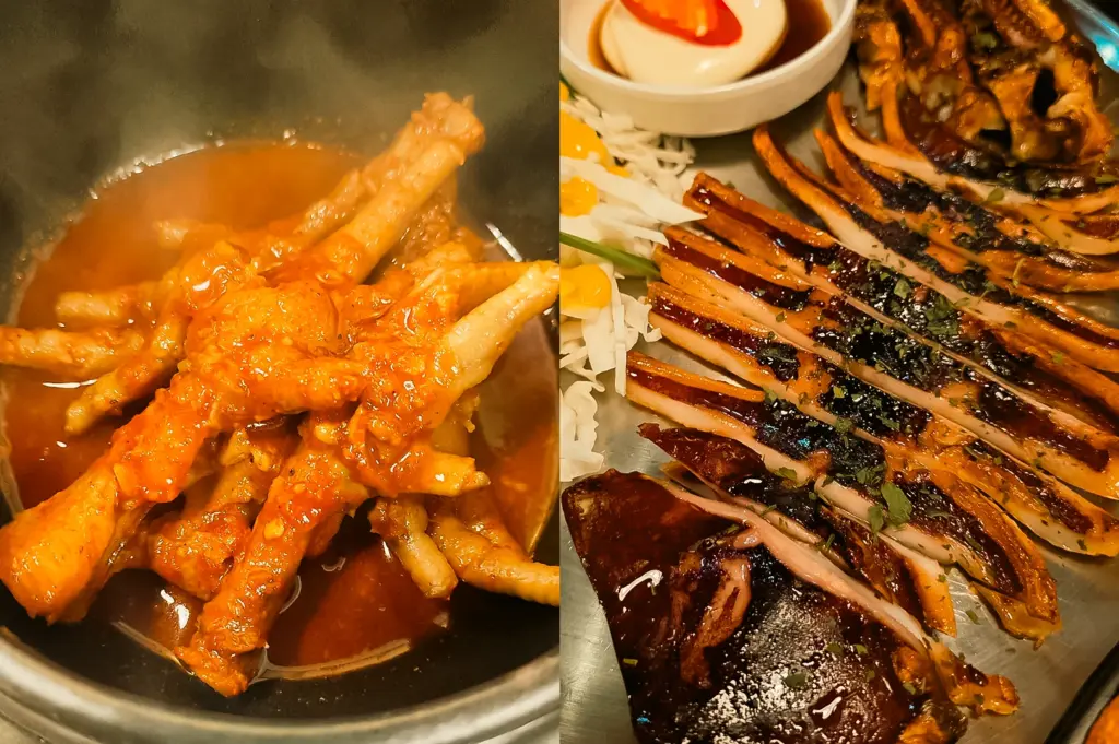 Split close-up high-angle view of Korean chicken feet in spicy sauce and grilled squid with glaze at Kelim Dakdoritang Singapore, showcasing bold savory side dishes paired with dakdoritang