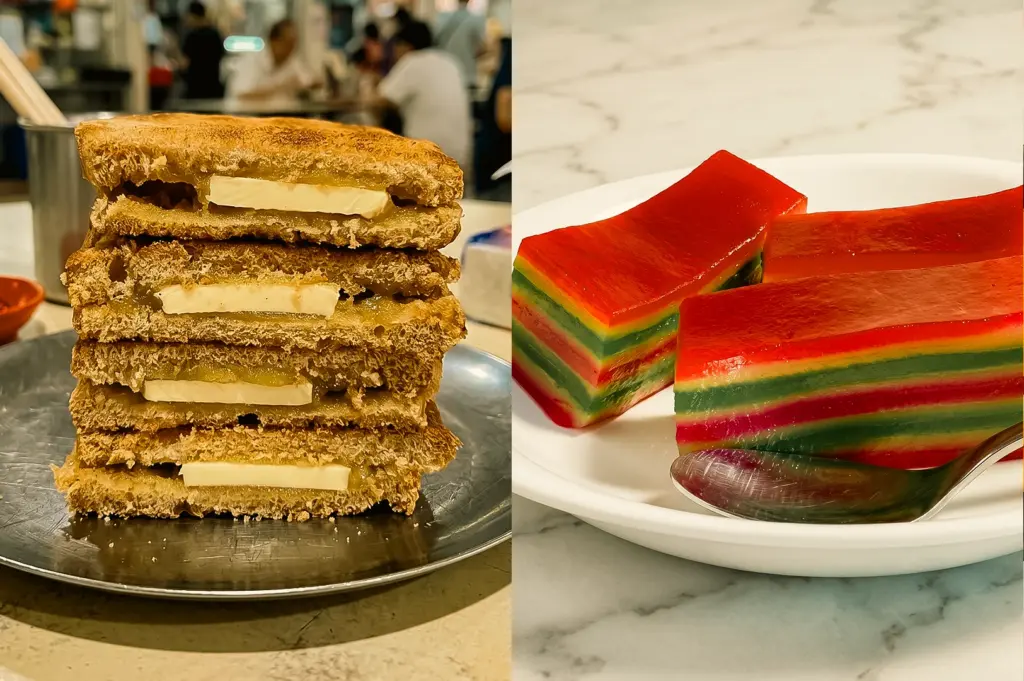 Left: Close-up, eye-level shot of kaya toast stacked with butter and kaya spread on a metal plate, showing crisp golden texture under warm café lighting; Right: Close-up, eye-level shot of glossy multi-layered kueh jelly slices on a white plate with a spoon, highlighting vibrant colors on a marble surface.