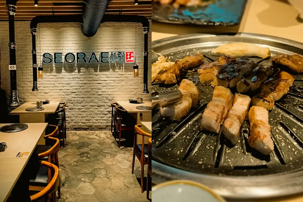 On the left: an eye-level, medium shot of the SEORAE JIB restaurant interior at NEX mall, showcasing an industrial-style white brick wall with an illuminated logo sign above empty tables. On the right: a close-up, macro shot of thick slices of pork belly and mushrooms sizzling on an authentic Korean charcoal BBQ grill plate.