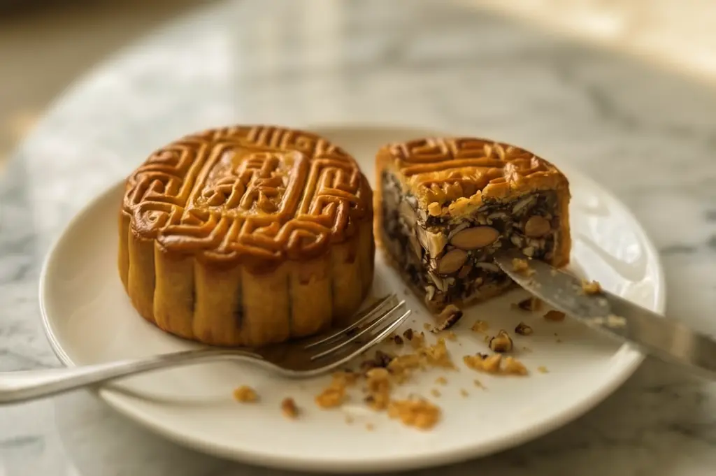 Eye-level close-up shot of traditional baked mooncake with mixed nuts filling being sliced on plate, Mid Autumn Festival Singapore dessert