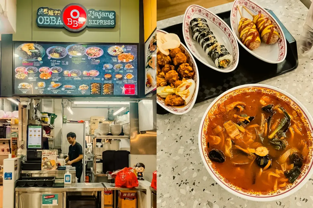 On the left: an eye-level, medium shot of the O.BBa Jjajang Express stall front at Serangoon Central Food Centre, featuring a large overhead menu board and a staff member preparing food. On the right: a high-angle, medium shot of a casual Korean meal tray holding a large bowl of seafood soup, Korean fried chicken, gimbap, and corn dogs.