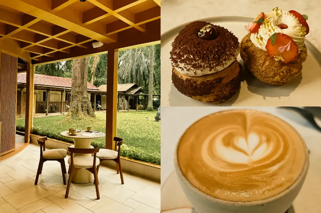 Left: wide-angle eye-level shot of a minimalist café interior with a small round table and upholstered chairs placed beside floor-to-ceiling glass windows overlooking a lush green garden with trees and low buildings, framed by a wooden lattice ceiling and vertical wooden paneling under soft natural daylight; Upper Right: close-up three-quarter shot of two cream-filled choux pastries on a white plate, one topped with chocolate shavings and glaze and the other with whipped cream, sliced strawberries, and decorative garnishes; Lower Right: close-up eye-level shot of a latte in a ceramic cup featuring heart-shaped latte art with smooth foam and warm tones on a light tabletop.