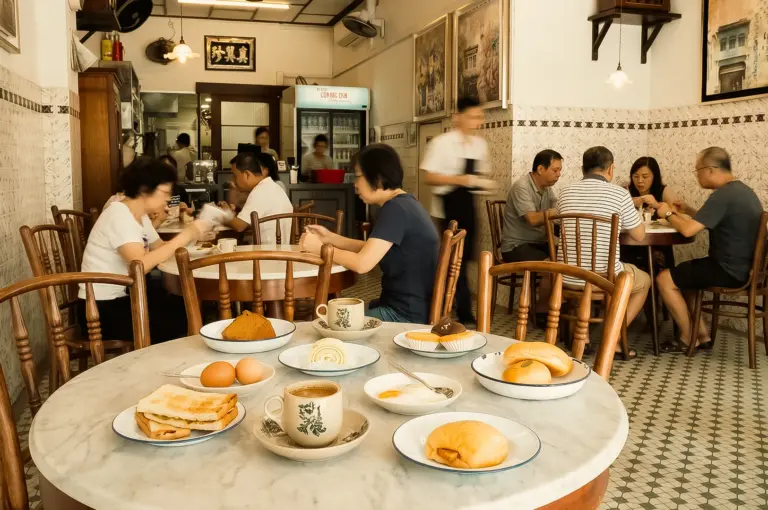 Eye-level wide-angle view inside a traditional Singapore coffee shop featuring marble-top round tables arranged with toast, soft-boiled eggs, pastries, and cups of coffee in the foreground. Wooden spindle-back chairs surround the tables, while diners are seated throughout the dining room. Decorative wall art, pendant lights, tiled walls, patterned flooring, ceiling fans, and a beverage refrigerator create a nostalgic heritage-style interior under warm ambient lighting.