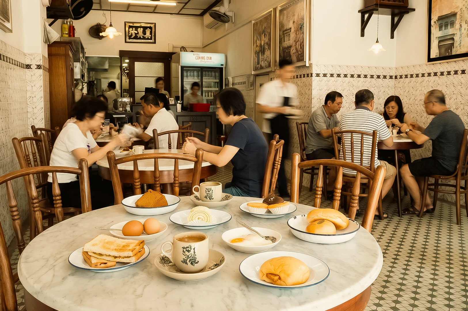 Eye-level wide-angle view inside a traditional Singapore coffee shop featuring marble-top round tables arranged with toast, soft-boiled eggs, pastries, and cups of coffee in the foreground. Wooden spindle-back chairs surround the tables, while diners are seated throughout the dining room. Decorative wall art, pendant lights, tiled walls, patterned flooring, ceiling fans, and a beverage refrigerator create a nostalgic heritage-style interior under warm ambient lighting.
