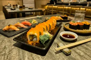Eye-level close-up view of an assortment of sushi and Japanese dishes arranged across a restaurant dining table. In the foreground, a black rectangular plate holds sushi rolls coated with bright orange fish roe beside a mound of green wasabi and pickled ginger. Nearby are nigiri sushi pieces topped with seared fish, tuna, and other seafood on black serving plates. A small dish of soy sauce, wooden chopsticks on ceramic rests, and additional gunkan sushi topped with salmon roe and sea urchin are placed around the table. The background features a warmly lit Japanese restaurant interior with wood accents, upholstered seating, dining tables, and a sushi counter, creating an elegant and inviting dining atmosphere.
