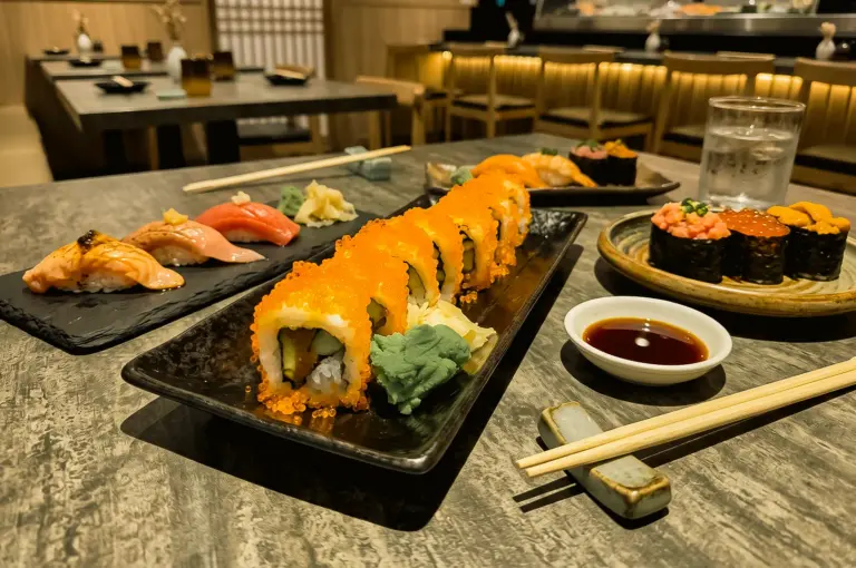 Eye-level close-up view of an assortment of sushi and Japanese dishes arranged across a restaurant dining table. In the foreground, a black rectangular plate holds sushi rolls coated with bright orange fish roe beside a mound of green wasabi and pickled ginger. Nearby are nigiri sushi pieces topped with seared fish, tuna, and other seafood on black serving plates. A small dish of soy sauce, wooden chopsticks on ceramic rests, and additional gunkan sushi topped with salmon roe and sea urchin are placed around the table. The background features a warmly lit Japanese restaurant interior with wood accents, upholstered seating, dining tables, and a sushi counter, creating an elegant and inviting dining atmosphere.