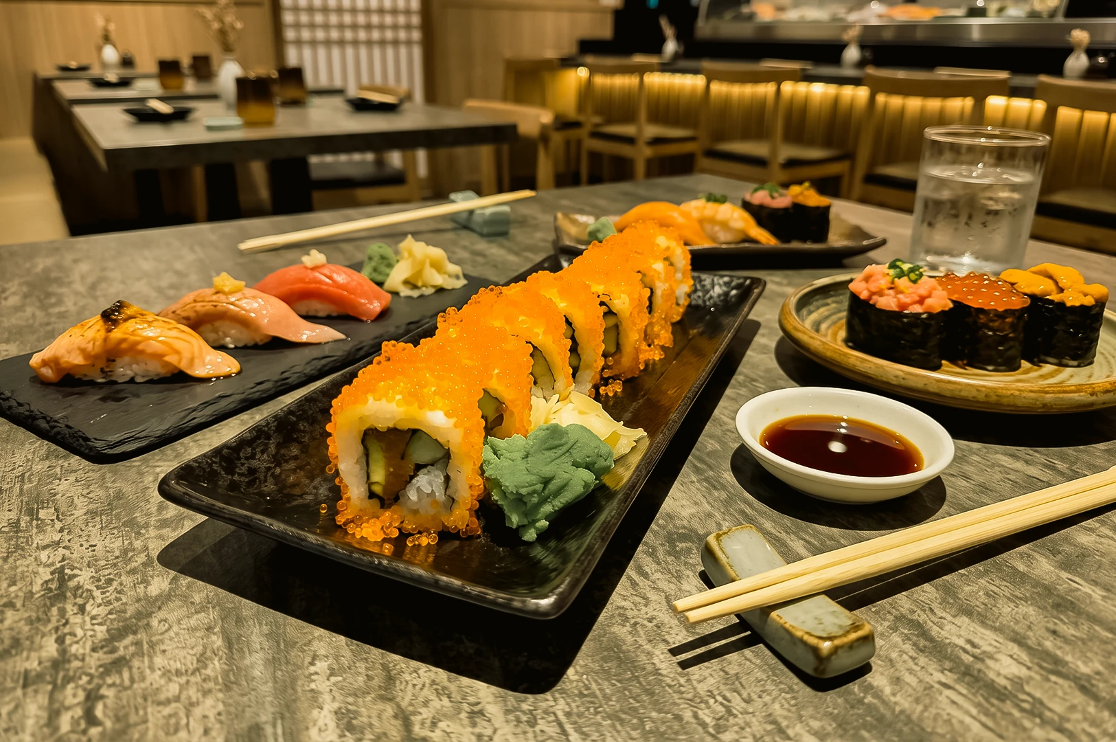 Eye-level close-up view of an assortment of sushi and Japanese dishes arranged across a restaurant dining table. In the foreground, a black rectangular plate holds sushi rolls coated with bright orange fish roe beside a mound of green wasabi and pickled ginger. Nearby are nigiri sushi pieces topped with seared fish, tuna, and other seafood on black serving plates. A small dish of soy sauce, wooden chopsticks on ceramic rests, and additional gunkan sushi topped with salmon roe and sea urchin are placed around the table. The background features a warmly lit Japanese restaurant interior with wood accents, upholstered seating, dining tables, and a sushi counter, creating an elegant and inviting dining atmosphere.