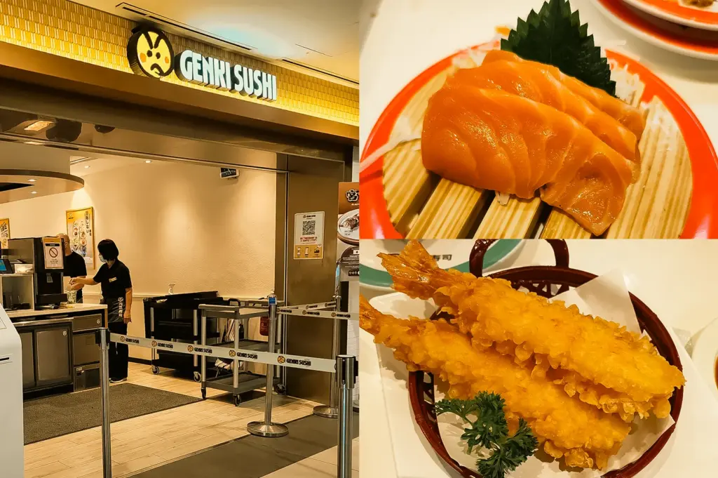 Wide-angle eye-level view. Left: Genki Sushi restaurant entrance inside a shopping mall, featuring a large illuminated Genki Sushi sign above the storefront, queue barriers, light wood flooring, warm indoor lighting, service counters, and restaurant staff visible near the entrance. Upper Right: Close-up top-down view of thick slices of orange salmon sashimi arranged on a patterned plate with a dark green leaf garnish, highlighting the glossy texture of the fish and the plate’s decorative surface. Lower Right: Close-up three-quarter view of golden-brown tempura prawns served in a basket lined with white paper, accompanied by a small parsley garnish, emphasizing the crisp batter texture and warm presentation