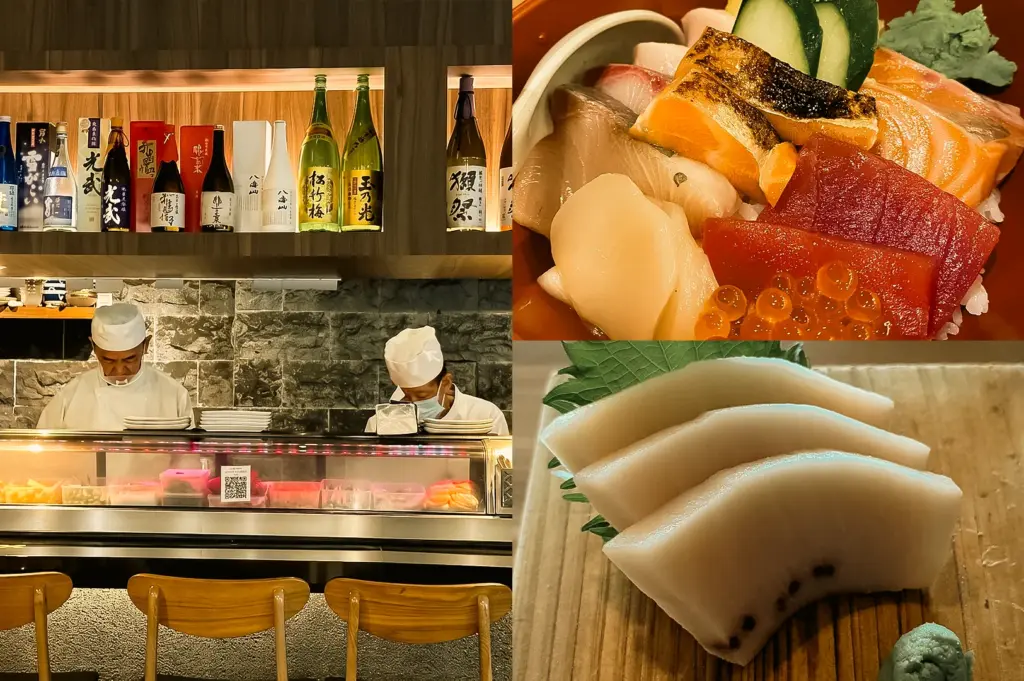 Wide-angle, eye-level view. Left: Japanese sushi bar interior with a wooden counter, dining stools, refrigerated sushi display case, backlit shelves lined with sake bottles, dark stone wall finishes, and chefs working behind the counter under warm ambient lighting. Upper Right: Top-down close-up of a chirashi don bowl topped with assorted sashimi including tuna, salmon, white fish, scallop, salmon roe, cucumber slices, seared salmon, and wasabi over rice, highlighting vibrant colors, glossy textures, and layered seafood presentation. Lower Right: Close-up of thick white sashimi slices arranged on a wooden serving board with green leaf garnish and wasabi, emphasizing smooth surfaces, clean presentation, and the delicate texture of the seafood.