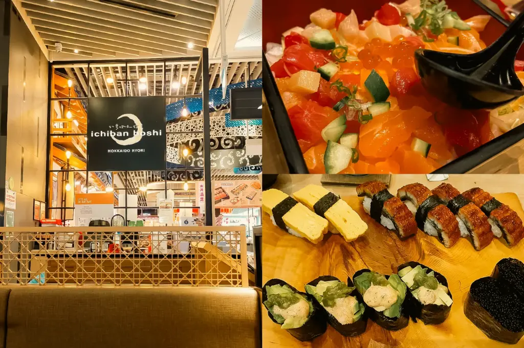 Wide-angle eye-level view. Left: Ichiban Boshi Japanese restaurant interior featuring a large illuminated Ichiban Boshi sign, decorative ceiling slats, patterned wall panels, warm pendant lighting, dining partitions, and seating areas within a shopping mall setting. Upper Right: Close-up top-down view of a seafood rice bowl filled with diced salmon, tuna, white fish, cucumber cubes, salmon roe, sliced green onions, and a black serving spoon, highlighting the colorful ingredients, glossy textures, and layered presentation. Lower Right: Close-up three-quarter view of assorted Japanese sushi on a wooden serving board, including tamagoyaki nigiri, grilled eel sushi, seaweed-wrapped gunkan sushi with cucumber and creamy topping, and additional rice-based sushi pieces, emphasizing contrasting textures, neat arrangement, and natural wood grain presentation.