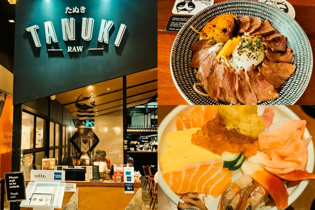 Wide-angle, eye-level view. Left: Tanuki Raw restaurant storefront featuring large illuminated signage, glass frontage, reception counter, decorative interior elements, and warm lighting within a contemporary dining environment. Upper Right: Top-down close-up of a rice bowl arranged with sliced roast beef, a soft-cooked egg, garnishes, and vegetables in a patterned bowl on a wooden table, emphasizing layered presentation and savory textures. Lower Right: Close-up of a chirashi-style seafood bowl containing salmon sashimi, sea urchin, salmon roe, tamagoyaki, pickled ginger, shellfish, and assorted seafood over rice, showcasing bright colors, glossy surfaces, and varied textures.
