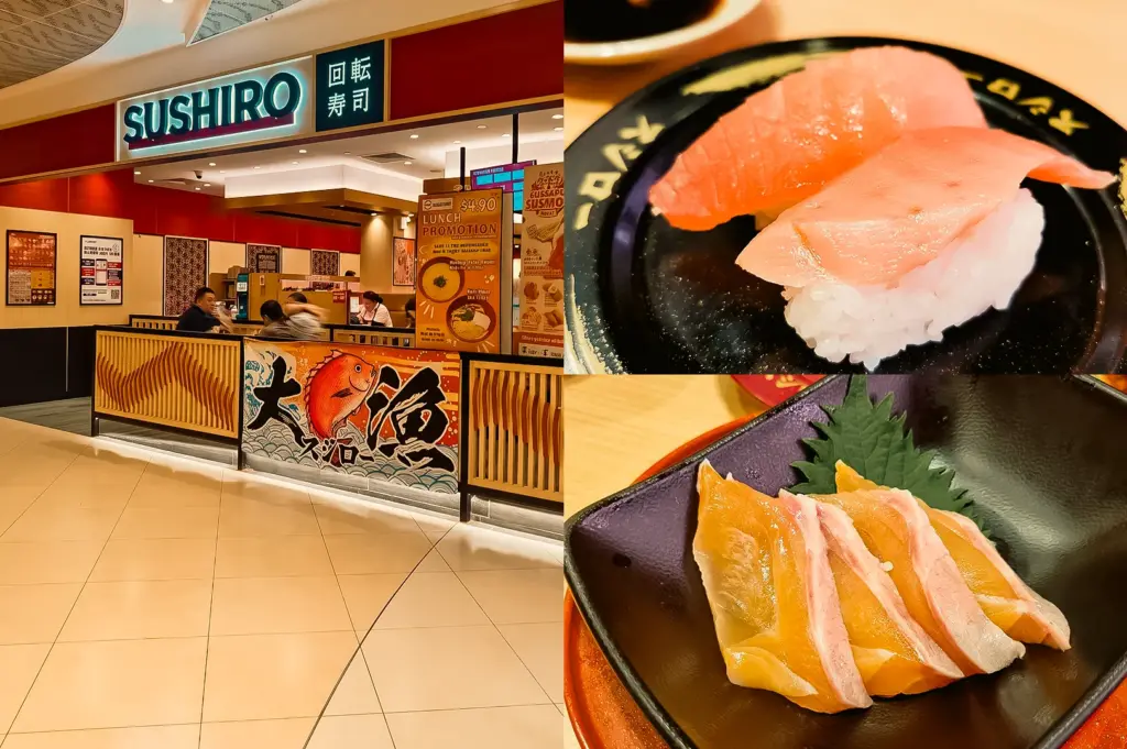 Wide-angle eye-level view. Left: Sushiro sushi restaurant storefront in a shopping mall, displaying a bright illuminated Sushiro sign, red wall panels, decorative Japanese-style graphics, promotional signage, seating areas, and customers dining inside under warm lighting. Upper Right: Close-up top-down view of two pieces of tuna nigiri sushi on a black plate, showing pale pink fish slices resting on compact white rice with a glossy surface and visible grain texture. Lower Right: Close-up three-quarter view of sliced salmon sashimi arranged in a black square dish with a green leaf garnish, highlighting the marbled texture, orange color tones, and clean plating.