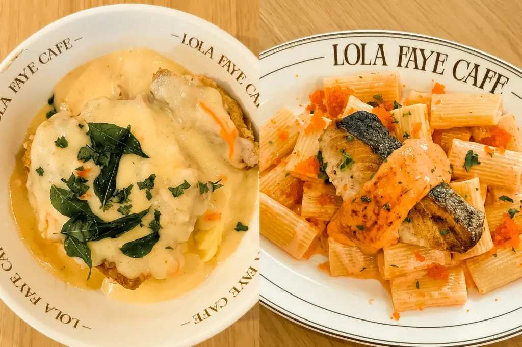 Left: Top-down close-up view of a plated savory dish in a white Lola Faye Cafe bowl, featuring pieces covered in a thick creamy pale-yellow sauce and topped with fresh green herbs, with sauce pooling around the edges under warm indoor lighting that highlights the smooth, glossy texture. Right: Top-down close-up view of ridged tube pasta coated in a creamy orange sauce, topped with grilled fish pieces, orange roe-like garnish, and scattered chopped herbs on a white Lola Faye Cafe plate, with warm lighting emphasizing the contrast between the creamy pasta, crisp fish skin, and textured garnishes.