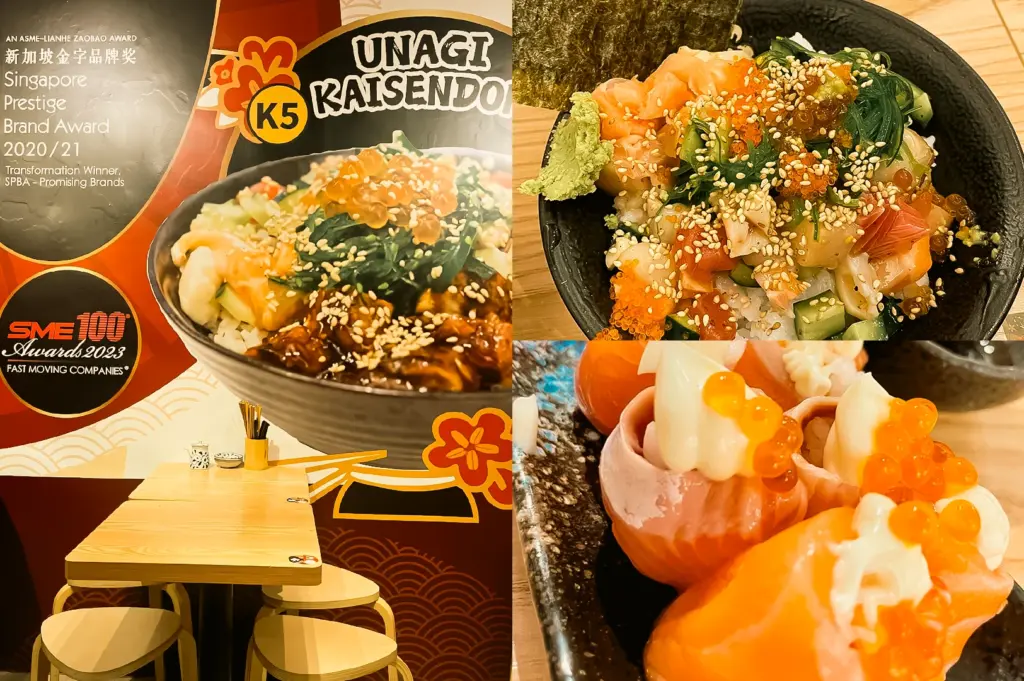 Wide-angle, eye-level view. Left: Restaurant dining area with light wood tables and stools positioned against a colorful wall mural displaying ‘Unagi Raisendo’ branding, food imagery, and award graphics under bright indoor lighting. Upper Right: Top-down close-up of a seafood rice bowl topped with assorted sashimi, seaweed, cucumber, salmon roe, sesame seeds, ginger, and wasabi in a black bowl, highlighting fresh ingredients and detailed textures. Lower Right: Extreme close-up of salmon-wrapped sushi pieces topped with creamy sauce and salmon roe on a dark ceramic plate, emphasizing glossy textures, vibrant orange accents, and intricate presentation.