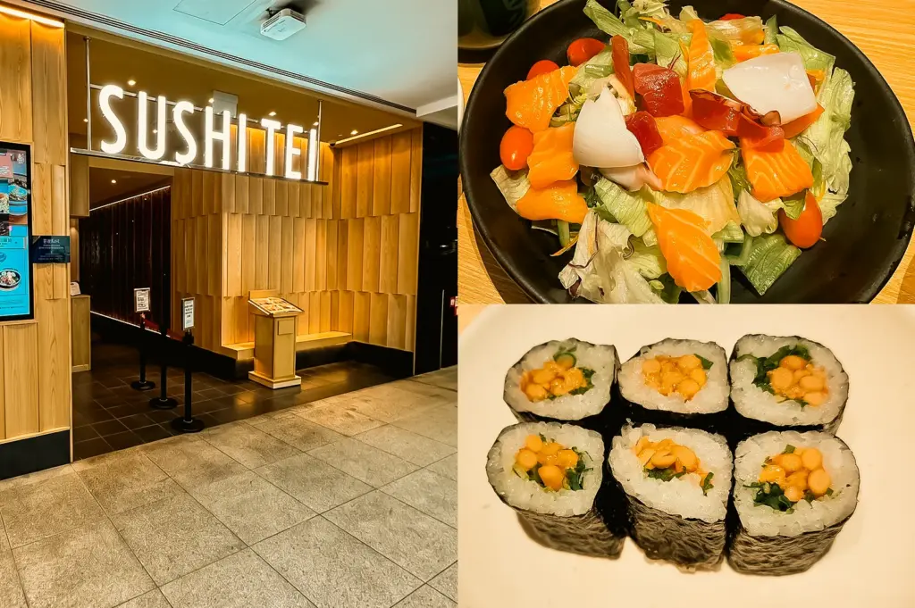 Wide-angle eye-level view. Left: Sushi Tei restaurant entrance with a glowing Sushi Tei sign mounted against a modern wood-paneled façade, featuring warm ambient lighting, tiled flooring, a menu stand, and a structured entrance pathway. Upper Right: Top-down close-up view of a mixed seafood salad in a black bowl, containing salmon slices, white seafood pieces, leafy greens, cherry tomatoes, and assorted vegetables, emphasizing fresh colors and varied textures. Lower Right: Close-up top-down view of six sushi rolls arranged on a white plate, wrapped in seaweed with white rice and yellow filling at the center, showcasing the roll pattern, ingredient contrast, and neat presentation.
