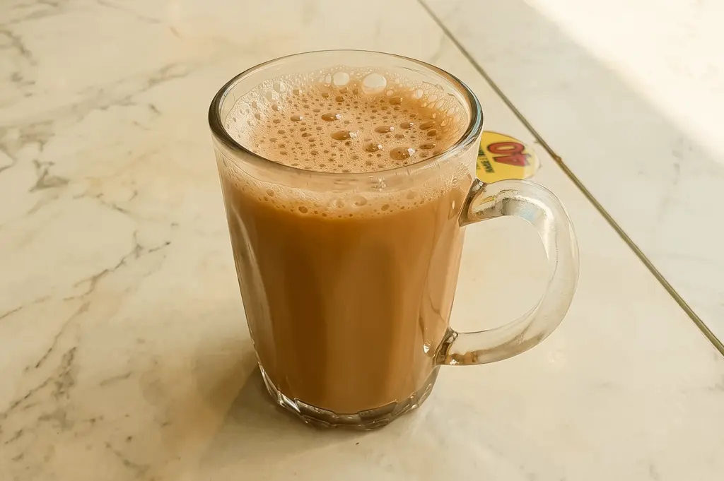 Slight high-angle close-up of a glass mug of teh tarik at Singapore Zam Zam Restaurant, the famous frothy pulled milk tea served alongside murtabak and briyani in Kampong Glam.