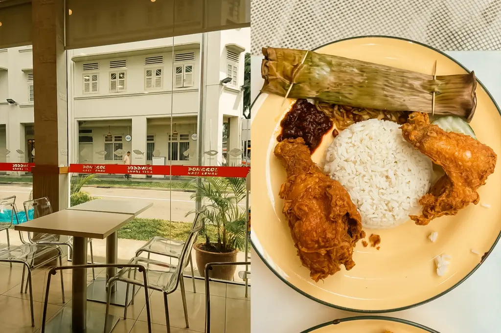 Left: Eye-level wide-angle interior view of a casual restaurant seating area with square tables, transparent chairs, floor-to-ceiling glass windows, potted plants, and a street-facing backdrop featuring a white shophouse building, illuminated by daylight filtering through the glass frontage. Right: Top-down close-up shot of a nasi lemak plate featuring a mound of white rice, fried chicken pieces, sambal, cucumber slices, peanuts, and a banana leaf-wrapped parcel, arranged on a yellow plate against a light tabletop, emphasizing crisp fried textures and contrasting colors.
