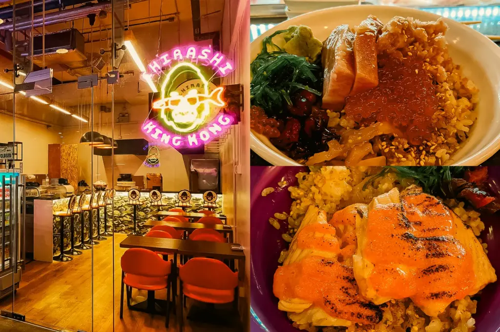 Wide-angle, eye-level view. Left: Chirashi King Kong restaurant interior seen through a glass storefront, featuring neon signage, wood flooring, dining tables, red chairs, counter seating, and warm ambient lighting that highlights the modern casual dining space. Upper Right: Top-down close-up of a seafood rice bowl topped with salmon roe, sliced fish, seaweed, wasabi, sesame seeds, and mixed toppings over seasoned rice, emphasizing glossy textures and vibrant colors. Lower Right: Close-up of a grilled salmon rice bowl with lightly torched salmon pieces arranged over rice, showing charred surface details, golden-orange tones, and contrasting vegetables and garnishes.