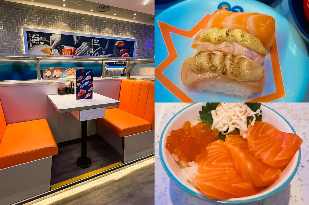 Wide-angle eye-level view. Left: Modern sushi restaurant booth seating area with bright orange cushioned benches, a white dining table, condiment containers, illuminated menu displays, patterned gray wall panels, and warm overhead lighting creating a clean contemporary dining atmosphere. Upper Right: Close-up top-down view of assorted salmon-based nigiri sushi on a blue plate, featuring glossy salmon slices, lightly seared toppings, creamy sauce, and compact white rice beneath, emphasizing texture and presentation. Lower Right: Close-up three-quarter view of a salmon rice bowl topped with thick salmon sashimi slices, bright orange salmon roe, shredded garnish, and white rice, highlighting fresh seafood textures and vibrant color contrast.