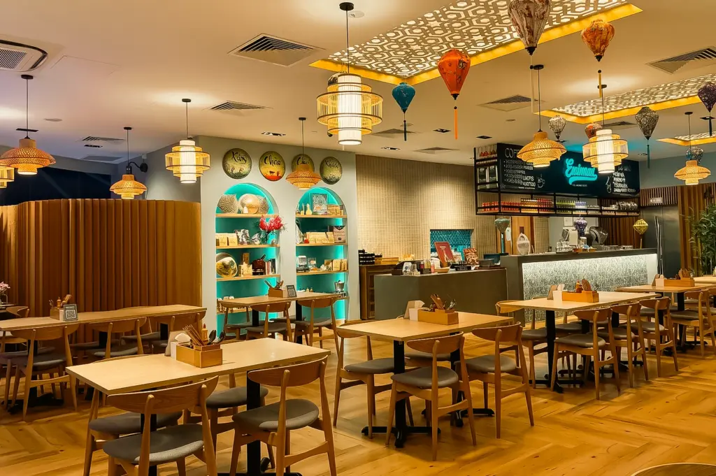 Wide-angle interior shot of Eminami Vietnamese café in Downtown East, highlighting spacious seating, elegant lantern décor, contemporary Vietnamese design, warm lighting, and a relaxed family-friendly dining atmosphere.