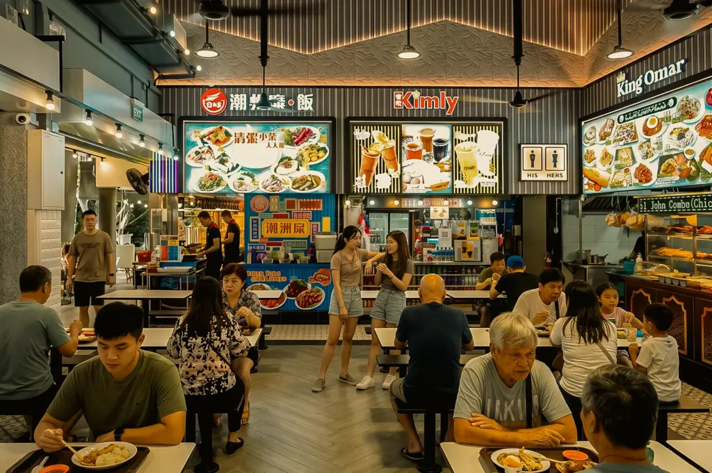 Wide-angle eye-level view of Kimly Coffee Shop in Pasir Ris, showing diners enjoying meals among multiple food stalls, highlighting the vibrant 24-hour neighbourhood dining and Singapore coffeeshop culture.
