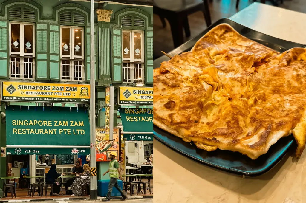 Left: Eye-level street-facing view of the Singapore Zam Zam restaurant exterior, showcasing green heritage-style architecture, large storefront signage, upper-floor shuttered windows, outdoor tables, pedestrians, and an active urban streetscape in natural daylight. Right: Close-up three-quarter shot of a golden-brown roti prata on a dark serving plate, displaying flaky layers, blistered crisp surfaces, and folded edges on a tabletop with a softly blurred restaurant interior in the background, highlighting the rich texture and warm tones of the freshly cooked flatbread.