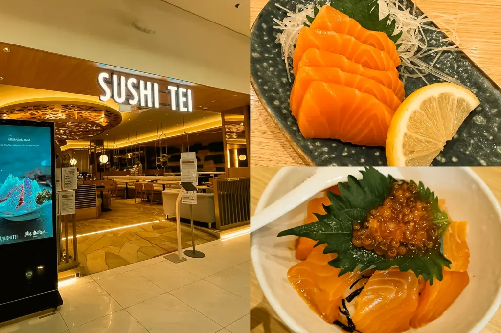 Wide-angle, eye-level view. Left: Sushi Tei restaurant entrance inside a shopping mall, featuring illuminated signage, warm interior lighting, decorative ceiling panels, dining tables, and a contemporary Japanese dining atmosphere. Upper Right: Close-up view of neatly arranged salmon sashimi slices on a dark ceramic plate with shredded garnish, a green leaf, and a lemon wedge, highlighting the fresh texture and vivid orange color of the fish. Lower Right: Top-down close-up of a salmon and ikura rice bowl with sliced salmon arranged around a leaf garnish and topped with salmon roe, emphasizing glossy seafood textures, bright colors, and clean presentation in a white bowl.