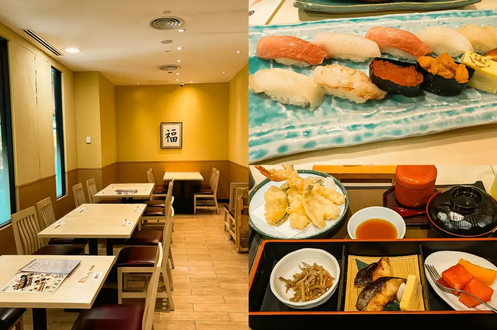 Wide-angle eye-level view. Left: Traditional Japanese restaurant dining room with light wood tables and chairs, warm yellow walls, framed Japanese calligraphy artwork, recessed ceiling lighting, and a calm, minimalist interior design. Upper Right: Close-up eye-level view of an assorted sushi platter on a blue ceramic plate, including nigiri topped with various seafood, salmon roe gunkan, sea urchin gunkan, and tamagoyaki, showcasing different colors and textures. Lower Right: Top-down three-quarter view of a Japanese set meal arranged on a tray, featuring tempura, grilled fish, tamagoyaki, dipping sauce, soup, side dishes, and fruit, presented in separate bowls and compartments with balanced composition.