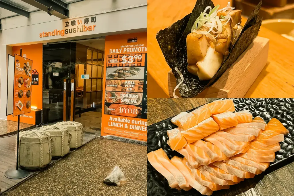 Wide-angle eye-level view. Left: Standing Sushi Bar restaurant storefront with orange branding, glass entrance doors, promotional signage, outdoor menu board, textured pavement, and covered walkway, photographed in natural daylight. Upper Right: Close-up three-quarter view of a hand-held sushi style serving presented in a wooden holder, containing seaweed sheets wrapped around seafood pieces and topped with sliced scallions, highlighting layered textures and presentation details. Lower Right: Close-up top-down view of neatly arranged salmon sashimi slices on a textured black rectangular plate, emphasizing the marbling, glossy surface, pale orange tones, and elegant plating against the dark background.