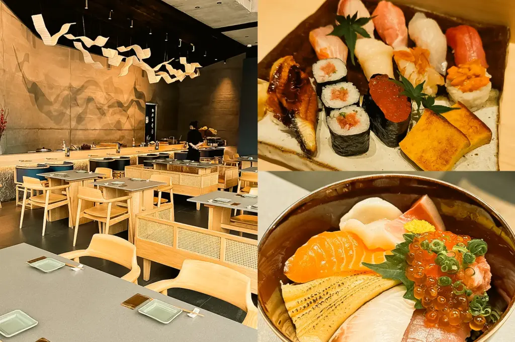 Wide-angle eye-level view. Left: Spacious Japanese restaurant interior with light wood tables and chairs, decorative suspended ceiling artwork, dark accent walls, open dining layout, and warm restaurant lighting creating a refined dining atmosphere. Upper Right: Close-up top-down view of an assorted sushi platter containing nigiri, maki rolls, salmon roe gunkan, sea urchin sushi, grilled fish, and tamagoyaki, arranged on a ceramic plate with green leaf garnishes. Lower Right: Close-up three-quarter view of a seafood rice bowl topped with assorted sashimi slices, salmon roe, green onion garnish, and decorative leaf accents, showcasing contrasting colors, glossy textures, and layered presentation.