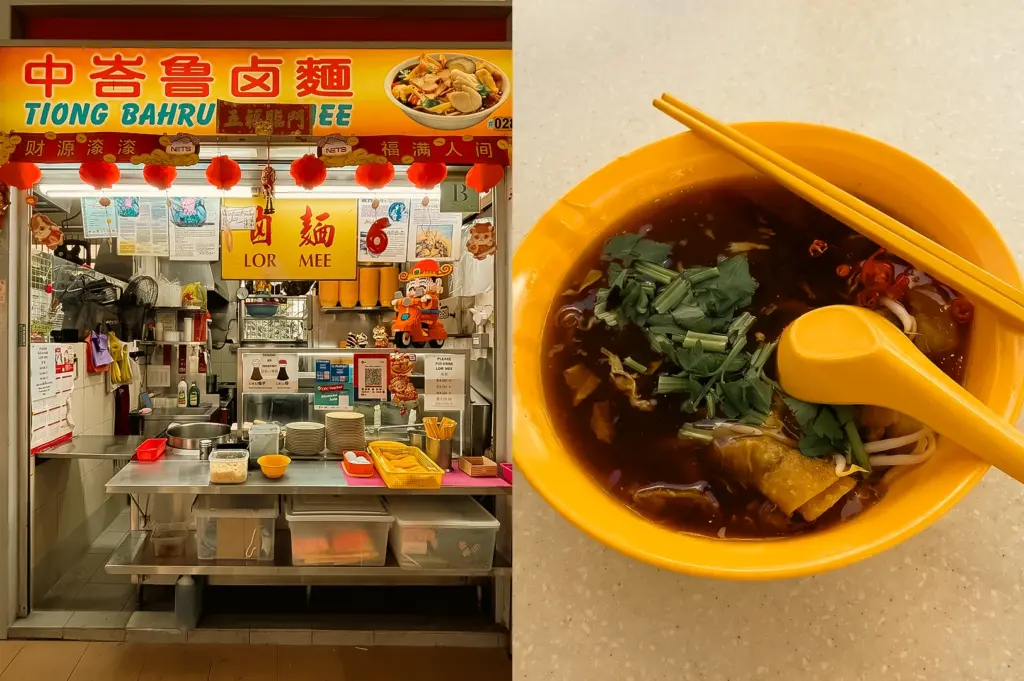 Left: Eye-level frontal view of the Tiong Bahru Lor Mee hawker stall decorated with red lanterns, brightly colored signage, menu displays, stainless steel counters, bowls, utensils, and cooking equipment within a food centre setting under strong indoor lighting. Right: Top-down close-up shot of a bowl of lor mee with dark gravy, noodles, leafy herbs, sliced red chilies, bean sprouts, chopsticks, and a soup spoon, emphasizing the rich broth, fresh garnishes, and contrasting textures on a light tabletop.