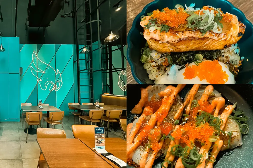 Wide-angle, eye-level view. Left: Contemporary restaurant dining area with teal feature walls, line-art fish graphics, pendant lighting, booth seating, wooden tables, and an industrial-style ceiling, creating a modern and spacious atmosphere. Upper Right: Top-down close-up of a grilled salmon rice bowl topped with salmon roe, sliced scallions, creamy sauce, seaweed, and a soft-cooked egg over rice, showcasing vibrant orange hues, glossy toppings, and contrasting textures. Lower Right: Close-up of a seafood dish topped with salmon roe, sliced scallions, and drizzled sauce over lightly seared seafood on a dark plate, highlighting rich colors, charred details, and layered garnishes.