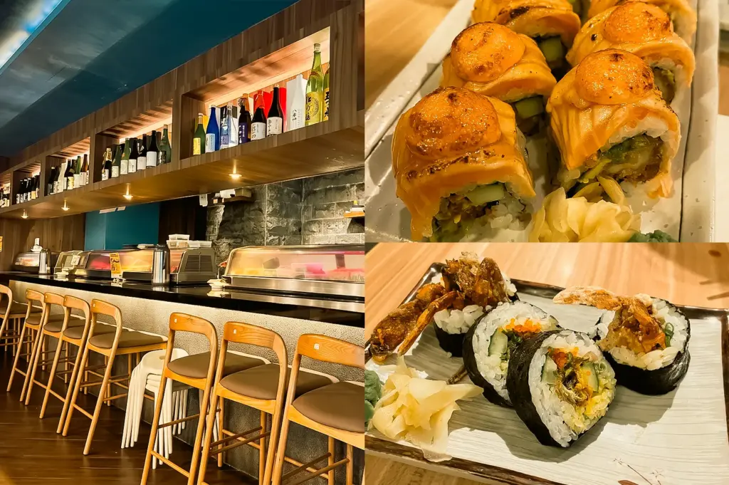 Wide-angle eye-level view. Left: Japanese sushi bar interior with a long counter, wooden bar stools, refrigerated display cases, overhead shelving lined with sake and beverage bottles, warm accent lighting, and wood-finished décor creating a contemporary dining setting. Upper Right: Close-up three-quarter view of sliced salmon sushi rolls arranged on a rectangular plate, topped with lightly seared sauce-coated salmon and a creamy garnish, emphasizing the glossy surface, layered fillings, and detailed textures. Lower Right: Close-up three-quarter view of sushi rolls on a ceramic plate alongside pickled ginger, featuring seaweed-wrapped rice rolls with visible vegetable and seafood fillings, highlighted by crisp textures and clean plating.