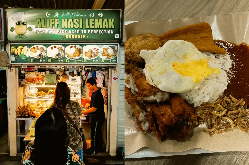 Left: Eye-level frontal view of the Aliff Nasi Lemak hawker stall featuring a large illuminated green signboard, menu photos, food display counter, staff preparing orders, and customers queuing in a market-style food centre under bright artificial lighting. Right: Top-down close-up shot of a nasi lemak meal served on paper, with white rice topped by a fried egg, fried chicken pieces, sambal, ikan bilis, and additional side items, highlighting crisp textures, contrasting colors, and the arrangement of traditional breakfast components.