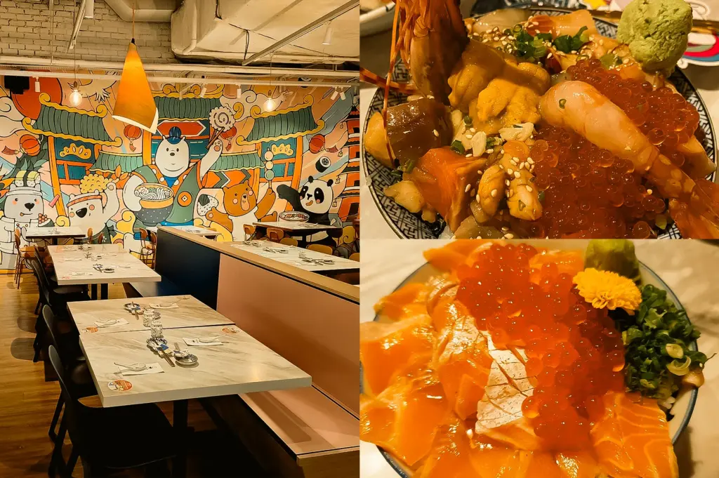 Wide-angle, eye-level view. Left: Casual Japanese restaurant interior with marble-top tables, dark chairs, warm pendant lighting, wood flooring, and a colorful illustrated wall mural depicting food-themed cartoon characters and decorative Japanese-inspired elements. Upper Right: Top-down close-up of a generously topped chirashi bowl containing salmon roe, sea urchin, shrimp, assorted sashimi cubes, wasabi, sesame seeds, and mixed seafood over rice, emphasizing abundance, vibrant colors, and varied textures. Lower Right: Close-up of a salmon and ikura don featuring neatly layered salmon slices topped with salmon roe, chopped green onions, wasabi, and an edible flower garnish, highlighting glossy seafood textures and bright orange tones.