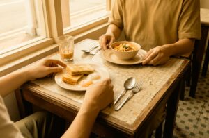 Two people share breakfast at a cozy café table by the window, with toast and eggs, a bowl of noodles, and iced coffee on the table. Warm sunlight fills the intimate space, creating a relaxed and friendly atmosphere.