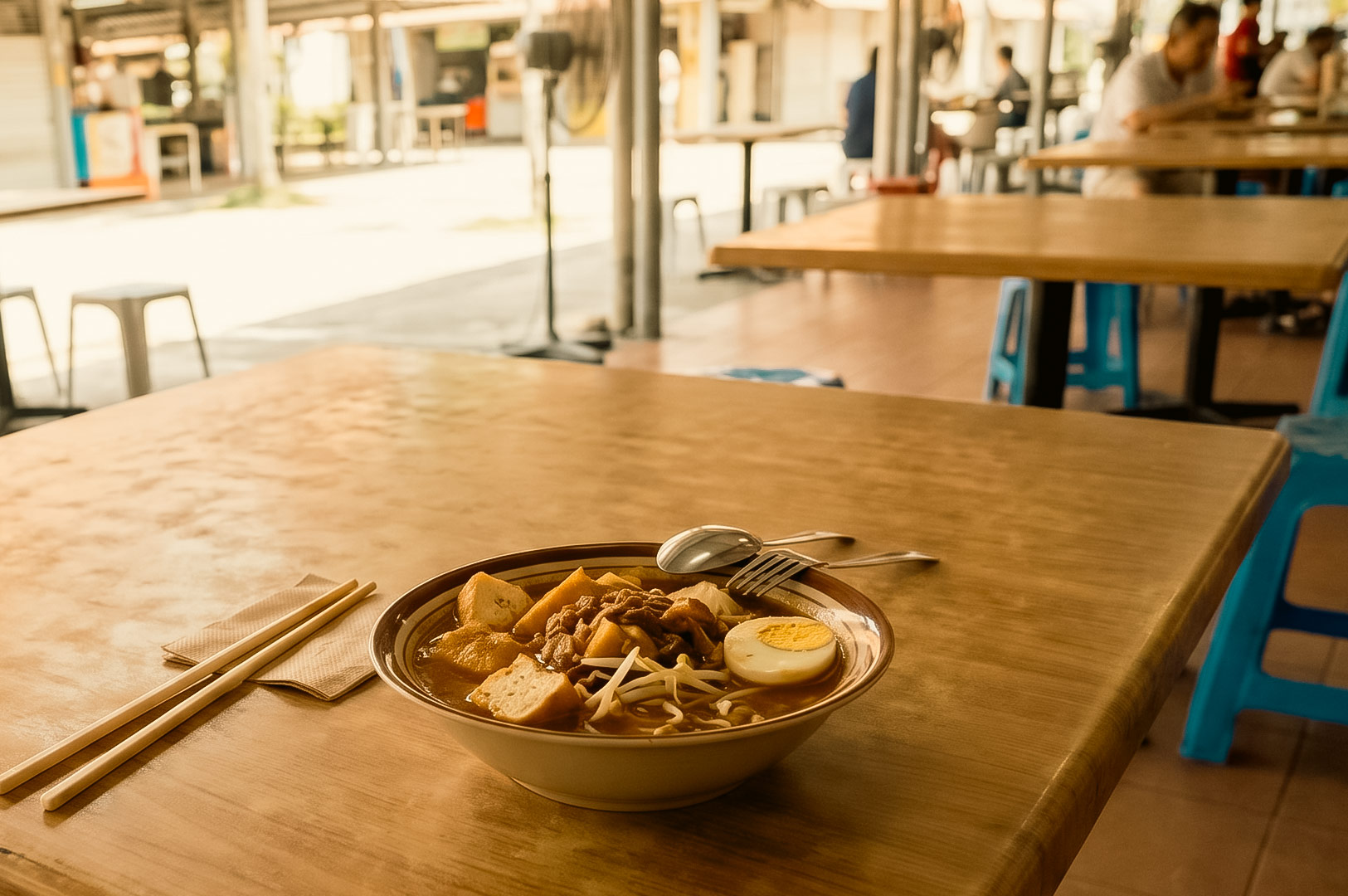 The image shows a bowl of noodle soup with ingredients like tofu puffs, bean sprouts, and a hard-boiled egg placed on a wooden table at an open-air food center, accompanied by chopsticks, a spoon, and a fork.