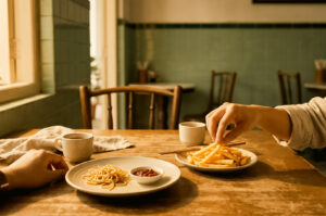 Two people share a casual meal at a wooden café table, with noodles, dipping sauce, fries, chopsticks, and cups of coffee between them. Warm sunlight fills the cozy restaurant, creating an intimate and relaxed atmosphere.