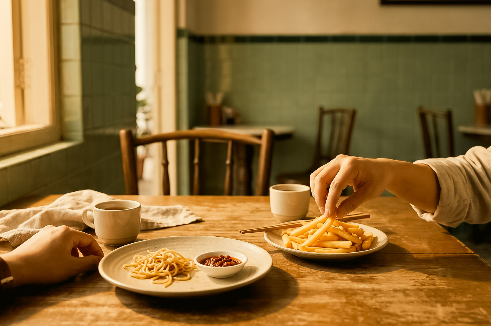 Two people share a casual meal at a wooden café table, with noodles, dipping sauce, fries, chopsticks, and cups of coffee between them. Warm sunlight fills the cozy restaurant, creating an intimate and relaxed atmosphere.