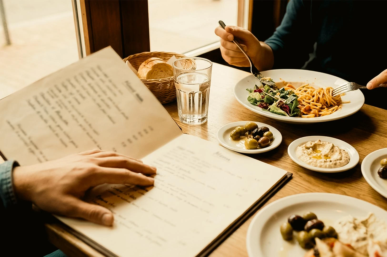 Angle shot of two people dining at a wooden restaurant table next to a window. In the foreground, one person rests their hand on an open, printed menu. Across the table, another person uses a fork and knife to eat a plate of pasta with side salad. Small appetizers, including dishes of mixed olives, creamy dip, a bread basket, and a glass of water, are spread across the table.