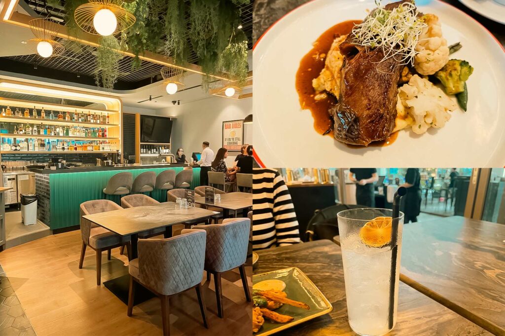 A three-panel collage featuring a stylish restaurant and its food at Republic Plaza. The left panel shows a modern dining space with a glowing turquoise bar, shelves lined with spirits, plush upholstered chairs, hanging greenery, and warm pendant lights creating an inviting atmosphere. The top-right panel features a plated slow-braised beef short rib served over creamy mashed potatoes with roasted cauliflower, broccoli, mushrooms, rich brown gravy, and a garnish of fresh sprouts. The bottom-right panel shows a tall glass of sparkling citrus drink with an orange slice and black straw on a marble table, with part of an appetizer plate visible in the foreground and the restaurant interior softly blurred in the background.