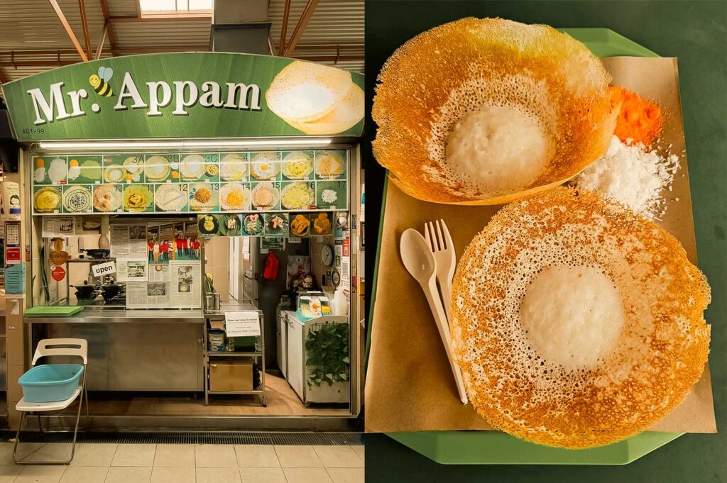 A split composition image. The left side shows the green storefront of "Mr. Appam" hawker stall at Maxwell Food Centre, featuring a photo menu display of various appam options. The right side shows a top-down view of two crispy, bowl-shaped appam pancakes with soft, white rice-flour centers, served on paper with a side of white grated coconut and orange palm sugar (orange sugar), alongside white plastic cutlery.