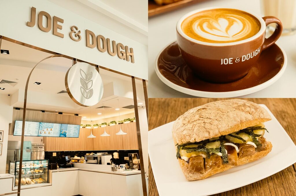 A three-panel collage featuring Joe & Dough at Republic Plaza. The left panel shows the café storefront with a clean, minimalist design, a large "JOE & DOUGH" sign above the entrance, a bright service counter, pastry display, and digital menu boards. The top-right panel features a cup of latte with heart-shaped latte art, served in a brown Joe & Dough cup and saucer. The bottom-right panel shows a rustic ciabatta sandwich filled with sliced mushrooms, melted cheese, creamy sauce, and shredded seaweed, served on a white plate atop a wooden table. The collage highlights the café's modern atmosphere and selection of coffee and freshly prepared sandwiches.