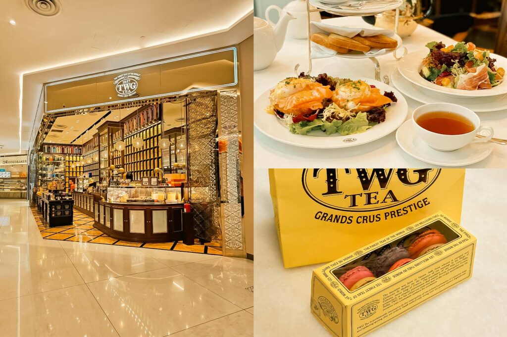 A three-panel collage showcasing TWG Tea at Republic Plaza. The large image on the left shows the elegant storefront with black-and-gold décor, illuminated shelves filled with signature tea tins, polished display counters, and a luxurious boutique café atmosphere inside the mall. The top-right image features a refined afternoon tea setting with smoked salmon and poached eggs on salad, a bowl of mixed greens, a cup of amber-colored tea, and a tiered stand holding toast. The bottom-right image shows a bright yellow TWG Tea shopping bag beside a matching gift box containing colorful macarons in shades of pink, cream, and chocolate, highlighting the brand's premium takeaway treats.