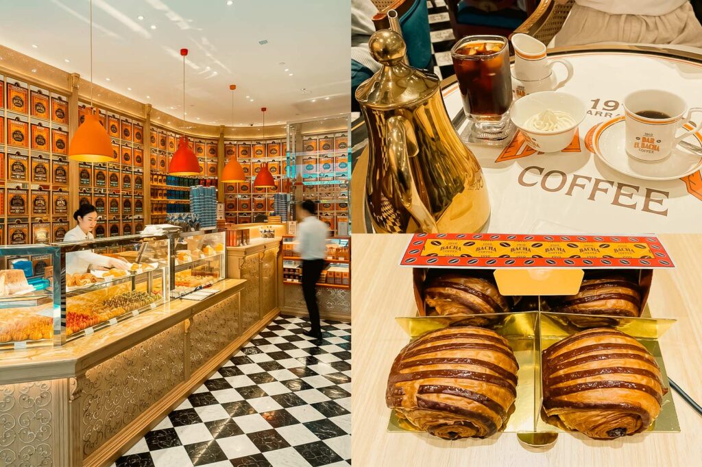 A three-panel collage featuring Bacha Coffee at Republic Plaza. The large image on the left shows the boutique café's elegant interior with warm gold accents, black-and-white checkered flooring, orange pendant lights, and shelves lined floor-to-ceiling with signature coffee tins. A glass pastry display showcases croissants, pastries, and baked treats while staff serve customers behind the counter. The top-right image captures a coffee service with a polished gold coffee pot, a cup of black coffee, an iced coffee, whipped cream, and a small creamer arranged on a branded table. The bottom-right image features a box of Bacha Coffee chocolate-striped croissants, with two pastries displayed in the foreground, highlighting the café's premium baked offerings.