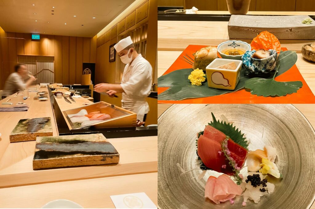A three-panel collage showcasing a Japanese fine dining experience: the left panel shows a sushi chef preparing fish at a wooden counter bar; the top-right panel shows an assortment of appetizers served on orange lacquered trays with decorative leaves; the bottom-right panel displays a dish of tuna sashimi garnished with caviar and pickled ginger in a textured silver bowl.
