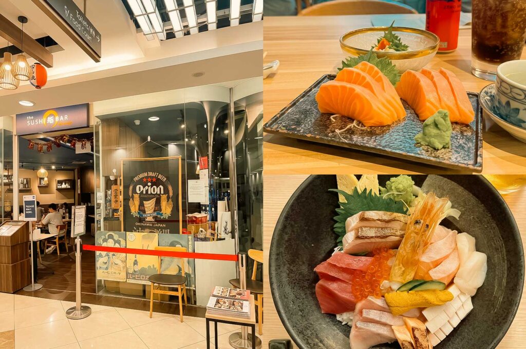 A three-panel collage showcasing The Sushi Bar dining experience: the left panel shows the store's glass entrance with an Orion beer sign; the top-right panel shows thick-cut salmon sashimi served on a dark textured platter with wasabi; the bottom-right panel features a kaisen don bowl topped with fresh raw fish, sweet prawn, uni, ikura, and tamago.